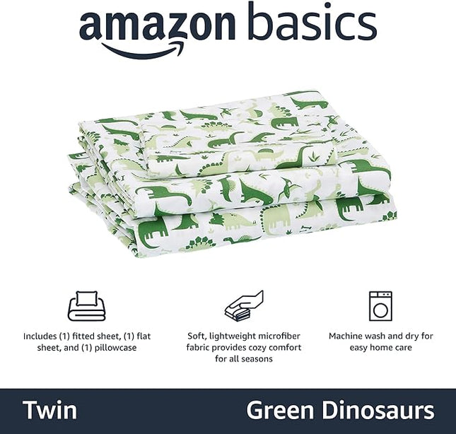 Amazon Basics Kid's Dino Friends Soft Easy-Wash Microfiber Sheet Set, Twin, Grass Green Dinosaurs 1J36