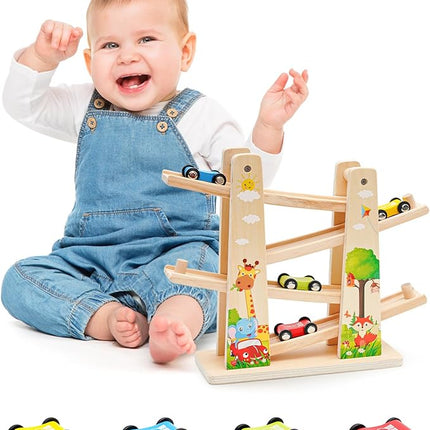 Car Ramp Toy, Wooden Car Ramp Toy with 4 Mini Cars, Fine Motor Skill & Improve Focus, Race Car Track Toy, Montessori Ramp Racer Playset T123