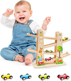 Car Ramp Toy, Wooden Car Ramp Toy with 4 Mini Cars, Fine Motor Skill & Improve Focus, Race Car Track Toy, Montessori Ramp Racer Playset T123