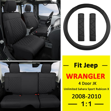 GIANT PANDA Customized Car Seat Covers for Jeep Wrangler 4 Door JK Unlimited Sahara Sport Rubicon X 2008 2009 2010, Faux Leather, Black