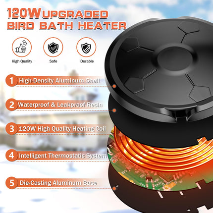 Daoeny Outdoor Full-Covered Aluminum Pond Deicer 120W Birdbath Water Heater Thermostatically Control for Patio Yard Farm