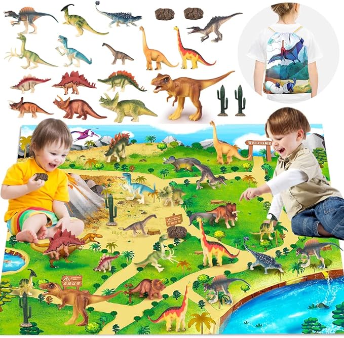 Dinosaur Toys with Activity Play Mat Realistic Dinosaur Figures to Create a Dino World Including T-Rex, Triceratops Dinosaur Playset with Carrying Bag Party Gifts T25