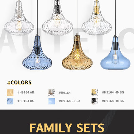 AUTELO Blue Pendant Lights Kitchen Island, 10" Hammered Glass Pendant Lights, Modern Pendant Light Fixtures in Matte Black Finish, Hanging Lamp for Dining Room, Kitchen Sink, H9164 BU