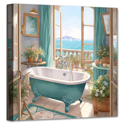 LZIMU Bathroom Wall Decor Teal Bathtub Wall Art Rustic Flower Canvas Prints Sea View from The Window Artwork for Bathroom Restroom Washroom Decor (Bathtub-2, 16"x16")