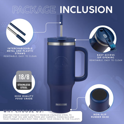 FAHRMOSIS 40 oz Tumbler with Handle and Straw Insulated Leak Proof Tumbler, NAVY BLUE