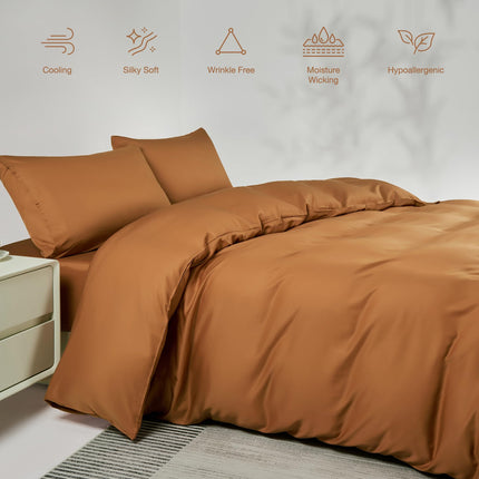 JELLYMONI King Duvet Cover Set, 100% Viscose Derived from Bamboo, Buttery Soft, Cooling Duvet Cover - 1 Hidden Zipper Duvet Cover with 2 Pillowcases, Rust