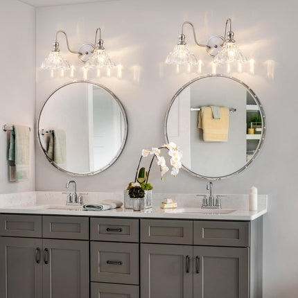 BrkNit Vintage Farmhouse Vanity Over Mirror, 2-Light Brushed Nickel Wall Sconce Lighting with Flower Glass Shade For Bedroom Kitchen Living Room Hallway Light