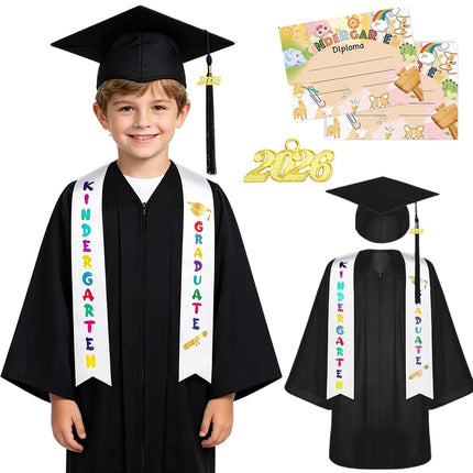 Kindergarten Graduation Gown Cap Set with 2026 Tassel,Preschool Stole and Certificate for Kindergarten (Black, 36)