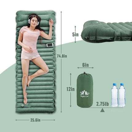 Night Cat Ultralight Inflatable Sleeping Mat Pad with Built-in Pillow & Foot Pump, GREEN
