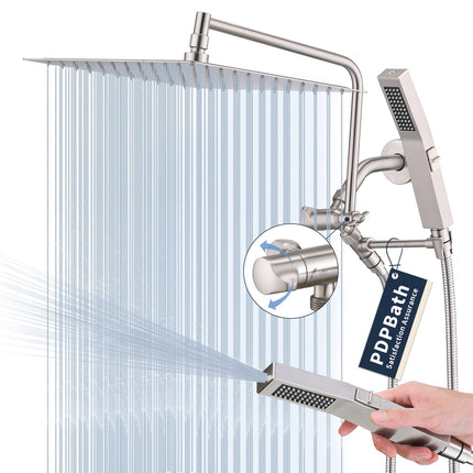 PDPBath All Metal Rain Shower Head with Handheld Built-in High Pressure Wash Mode, 12'' Rainfall Shower Head with Adjustable Z-shaped Extension Arm, Adjustable Brass Bracket, 79" Hose, Brushed Nickel