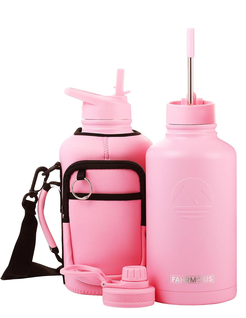 64 Oz Insulated Water Bottle with Strap Stainless Steel Sports Water Bottle with 3 Lids (Straw, Chug and Flip Lid)