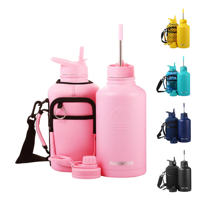 FAHRMOSIS 64oz Insulated Stainless Steel Water Bottle with 3 Lids (Straw, Chug and Flip Lid), Pink Solid