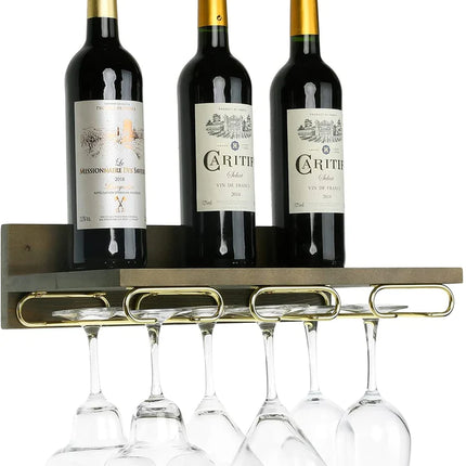 Wall Mounted Gray Wood Kitchen Floating Shelf with Brass Metal Wine Glass Stemware Holder Rack