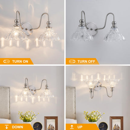 BrkNit Vintage Farmhouse Vanity Over Mirror, 2-Light Brushed Nickel Wall Sconce Lighting with Flower Glass Shade For Bedroom Kitchen Living Room Hallway Light