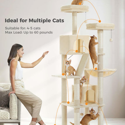 PEQULTI 70.9" Large Cat Tree for Indoor Cats,180cm Tall Cat Tree for Large Cats, Multi-Level Plush Cat Tower with 6 Scratching Posts, 2 Cat Condos, 2 Perches, Hammock, Pompoms, Cream #C2