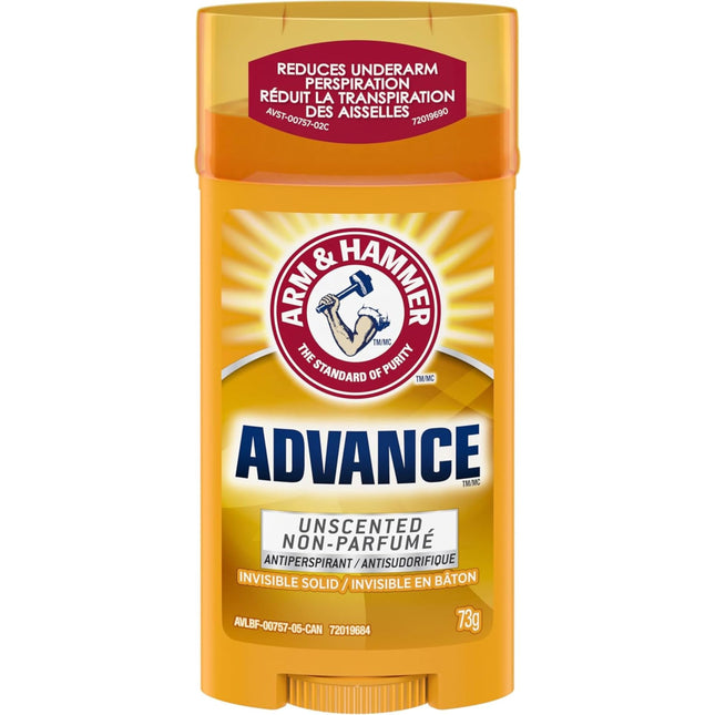 Arm & Hammer Advance Invisible Solid Antiperspirant Deodorant Stick, Unscented, Powered by Baking Soda, 48H Protection, 73g
