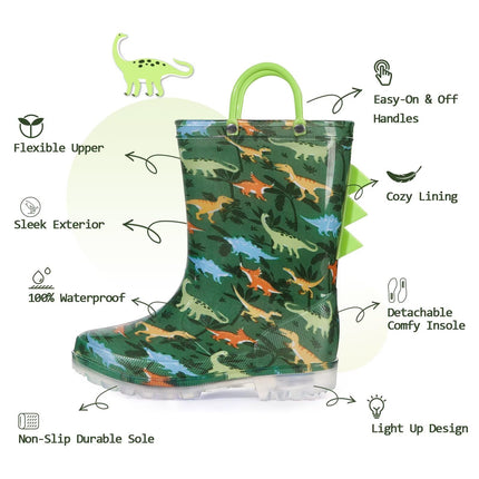 EUXTERPA Toddler Kids Light-Up Rain Boots, Green Dinosaur, Toddler Size 6