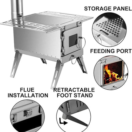 VEVOR Tent Wood Stove 18.3x15x14.17 inch, Camping Wood Stove 304 Stainless Steel with Folding Pipe, Portable Wood Stove 90.6 inch Total Height for Camping, Tent Heating, Hunting, Outdoor Cooking