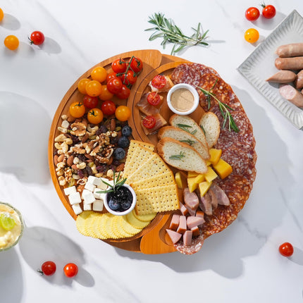 ZMARKRAFT US Patented Double-Layer Charcuterie Board| Large Cheese Board Platter Set w 4 Knives and 2 Bowls | Premium Bamboo Serving Tray | Hoursewarming Christmas (Mocha Brown)