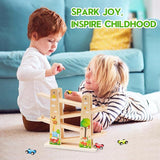 Car Ramp Toy, Wooden Car Ramp Toy with 4 Mini Cars, Fine Motor Skill & Improve Focus, Race Car Track Toy, Montessori Ramp Racer Playset T123
