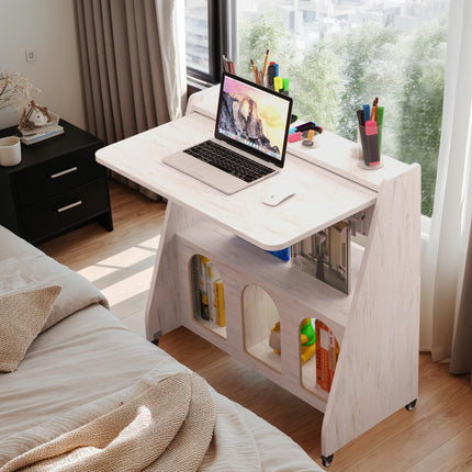 Pmnianhua Portable Desk on Wheels,Multipurpose Mobile Workstation,Rolling Computer Writing Desk with Lockable Wheels and Storage for Home Office Small Space(Rustic Brown)