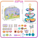 45Pcs Tea Party Set for Little Girls Princess Tea Time Toy Playset Ocean/Dinosaur Theme Kids Tea Set with Desserts & Carrying Case Kitchen Pretend Toy T133