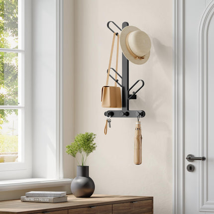SONGMICS HOME Coat Hook Wall Mount, Wall Hooks, Branch-Look Rack with 7 Hooks, Ball Tips, for Clothes, Hats, Bags, Ink Black URCR035B01