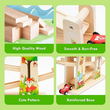 Car Ramp Toy, Wooden Car Ramp Toy with 4 Mini Cars, Fine Motor Skill & Improve Focus, Race Car Track Toy, Montessori Ramp Racer Playset T123