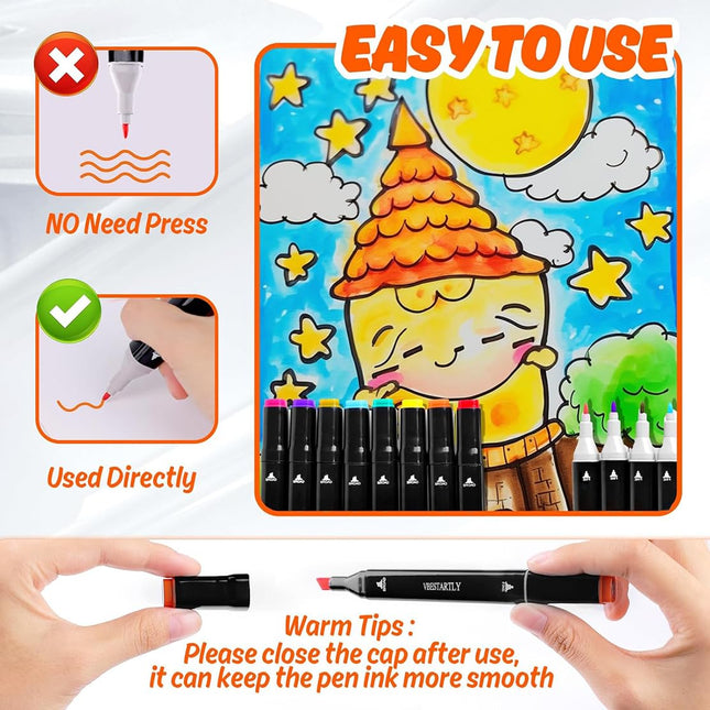 1VBESTARTLY 120 Colors Alcohol Markers with Base, Permanent Dual Tip Art Markers Anime Coloring Sketch Illustrations Pefect for Gift