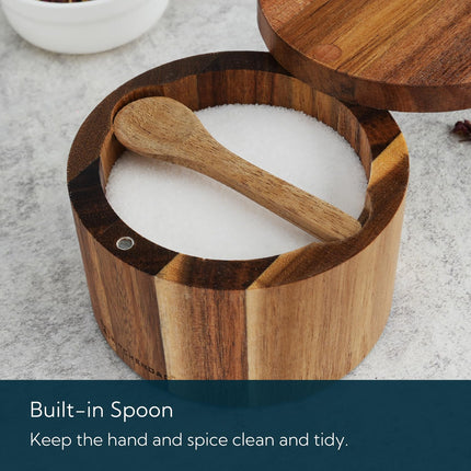 KITCHENDAO 6oz Acacia Wood Salt Cellar Bowl Box with Built-in Spoon to avoid Dust, Elegant Kitchen Salt Container Holder with Swivel Magnetic Lid to Storage Pepper Spice Bath Salt