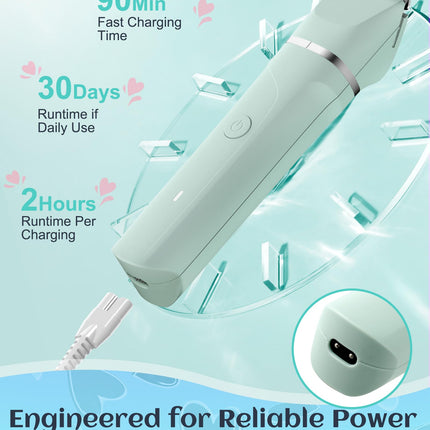 AREYZIN Women's Waterproof Wet & Dry Use Rechargeable Electric Razor Trimmer for Bikini, Legs, Pubic Hair with Snap-in Ceramic Blades IP7X Washable Head, Green