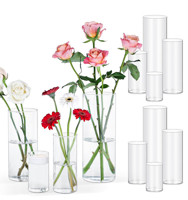 UPBUD 12PC Clear Cylinder Vases for Centerpieces | 4, 6, 8,10 Inch Tall Flower Vase for Wedding Decorations, Clear Floating Candle Vases in Bulk, Hurricane Candle Holders for Table, Home Décor