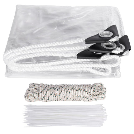 Clear Tarps Heavy Duty Waterproof, 15Mil Transparent PVC Vinyl Tarpaulin with Grommets, Ropes, Reinforced Edge, Tear-Resistant, Anti-UV for Greenhouse, Patio, Garden, Porch, Pavilion, Outdoor