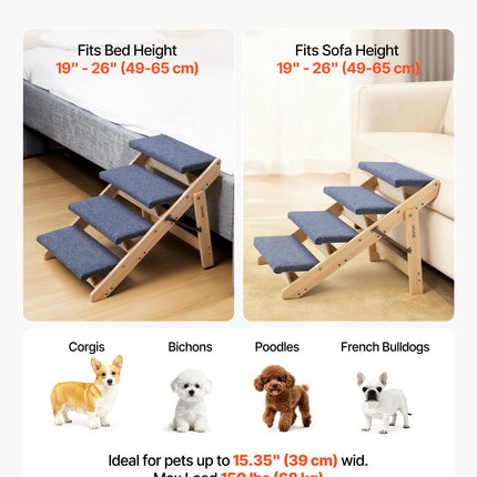VEVOR Wood Pet Stairs, 4-Step Dog Stairs for Beds, Sofa & Cars, 60lbs Load Capacity, Folded Flat Design, Stable & Sturdy Cat & Dog Step Ladder for Small Medium Older Pet Puppy Essentials