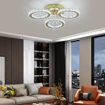 VETRULUS 3-Ring Crystal LED Chandelier Gold Flush Ceiling Light Cool White