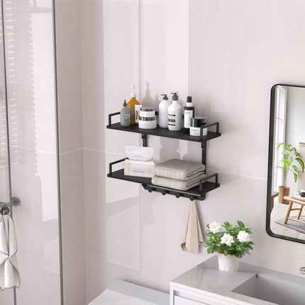 BEAUTME Floating Shelves, 24 Inch 2 Tier Kitchen Shelves Wall Mounted with 4 Hooks, Hanging Wall Shelf for Living Room, Coffee Bar, Bedroom, Bathroom