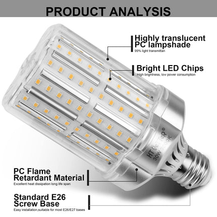 HT PETTER Corn Bulb, 30W E26 Base LED Light Bulb, 3800 Lumens, Equivalent to 250W-300W Incandescent Light Bulbs, Edison Screw-in Bulb,Not Dimmable, No Flicker, 2 Pack (Silver, 3000K Warm White)