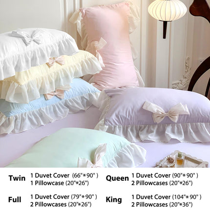 Rvciby 3PCS (1 Duvet Cover,2 Pillow Cases)  Soft Microfiber Yellow Bow Duvet Cover Bedding Set with Chiffon Lace & Cute Bows, Corner Ties & Zipper Closure
