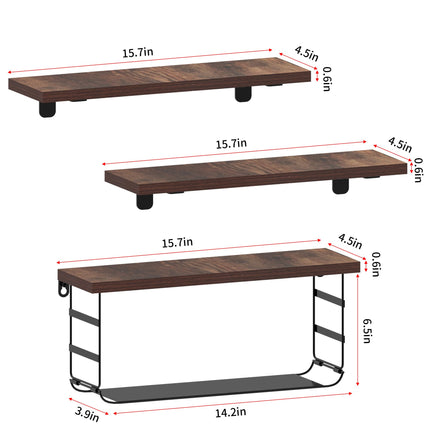 Lavezee Floating Shelves for Wall Decor, Bathroom Shelf Over Toilet Paper Storage with Wire Basket Shelving Set of 3, Rustic Brown