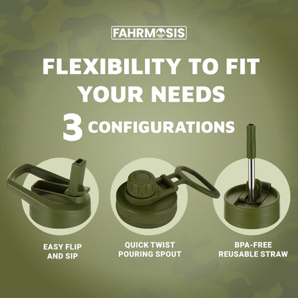 FAHRMOSIS 24oz Insulated Stainless Steel Water Bottle with Straw Includes 3 Lids, ARMY GREEN