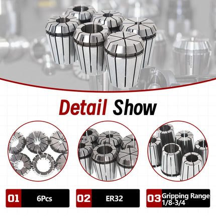 findmall 6Pcs ER32 Accuracy Spring Collet Set 1/8-3/4 for CNC Milling Lathe Tool and Work-Holding Engraving Machine