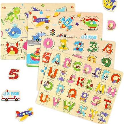 Wooden Peg Puzzles for Toddlers, Toddler Puzzles Set Letters, Numbers, Sea Animals and Vehicles 4 Pack Preschool Educational Learning Toys T77