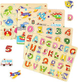 Wooden Peg Puzzles for Toddlers, Toddler Puzzles Set Letters, Numbers, Sea Animals and Vehicles 4 Pack Preschool Educational Learning Toys T77