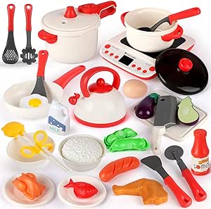 Kitchen Set for Kids Toddlers, Pretend Play Kitchen Toys with Electronic Induction Cooktop, Steam Pressure Pot, Cookware, Cutting Play Food, Learning Toys Birthday Gifts for Girls Boys(Red) t42