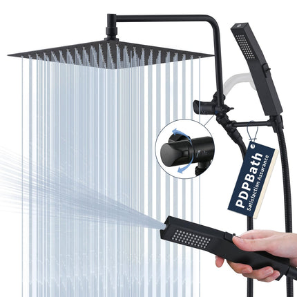 PDPBath All Metal Rain Shower Head with Handheld Built-in High Pressure Wash Mode, 12'' Rainfall Shower Head with Adjustable Z-shaped Extension Arm, Adjustable Brass Bracket, 79" Hose, Matte Black