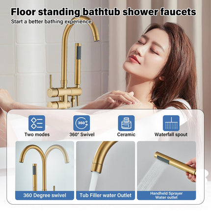 YAGATAP Freestanding Bathtub Faucet Floor Mount Tub Filler Brushed Gold High Flow Shower Faucets with Handheld Shower Mixer Taps Swivel Spout