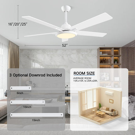 OUTON 52"Ceiling Fans with Lights & Remote Control, LED Dimmable Modern Ceiling Fan with 5 Dual Finish Blades, 3 Color Temperature, Indoor Outdoor Ceiling Fan for Bedroom Living Room Patio, White