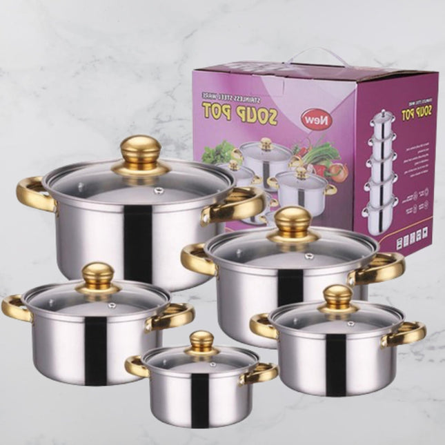 Stainless Steel Cookware Set, 10-Piece, Gold Handles, Glass Lids