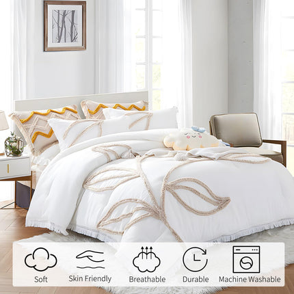 Rvciby Boho Leaf Duvet Cover Twin Size Soft Microfiber Bedding Set with Tassel and Tufted Pattern,2 Pieces,1 Duvet Cover with Zipper Closure & Corner Ties and 1 Pillow Sham,66X90 Inches (White)