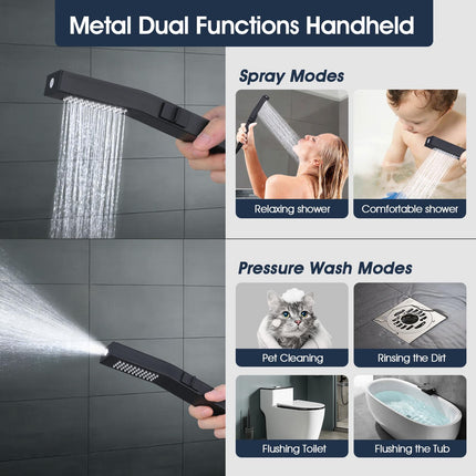 PDPBath All Metal Rain Shower Head with Handheld Built-in High Pressure Wash Mode, 12'' Rainfall Shower Head with Adjustable Z-shaped Extension Arm, Adjustable Brass Bracket, 79" Hose, Matte Black